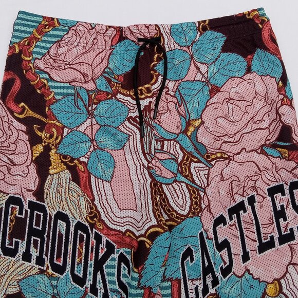 NWT Mens CROOKS & CASTLES Gym Shorts 3XL Pink Roses Turquoise Elastic Waist - Picture 10 of 14